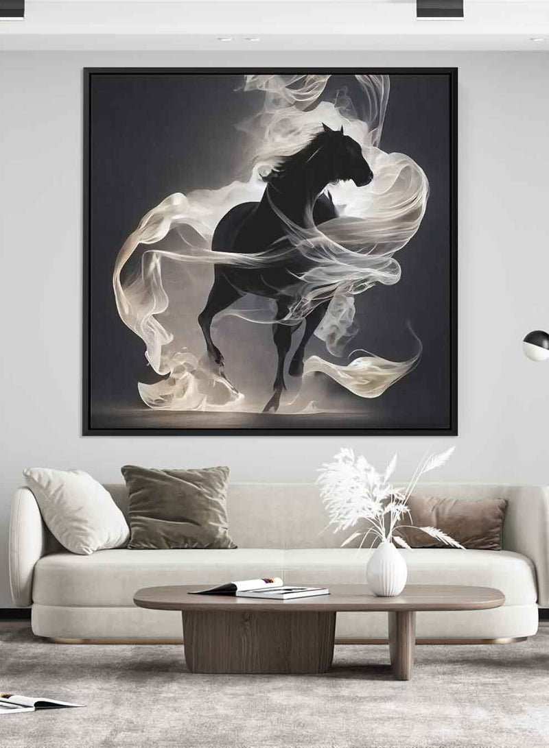 Square Canvas Wall Art Stretched Over Wooden Frame with Black Floating Frame and Running Horse Painting