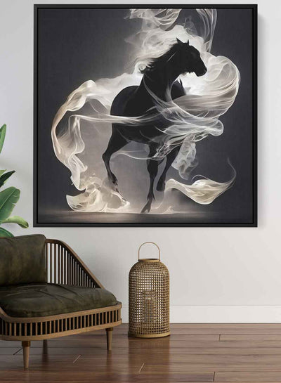 Square Canvas Wall Art Stretched Over Wooden Frame with Black Floating Frame and Running Horse Painting