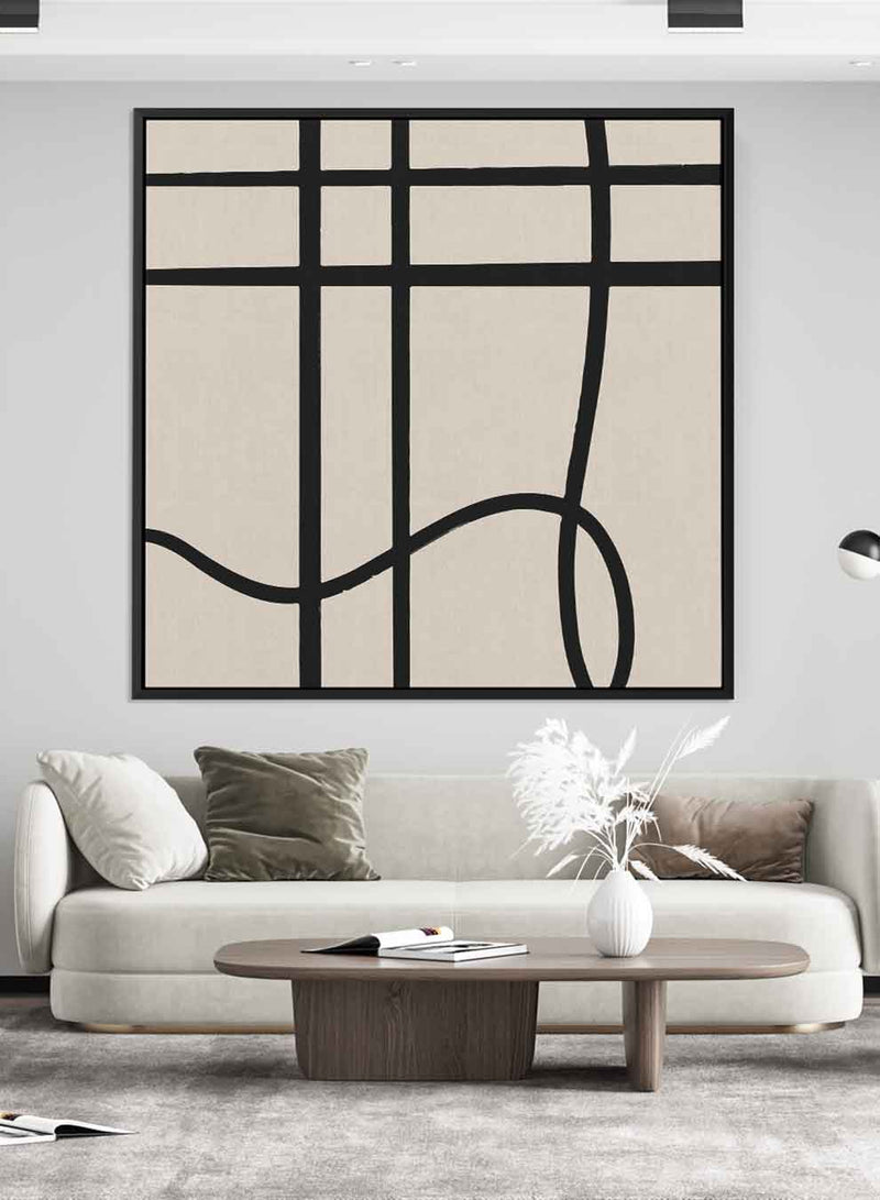 Square Canvas Wall Art Stretched Over Wooden Frame with Black Floating Frame and Scandinavian Abstract Art