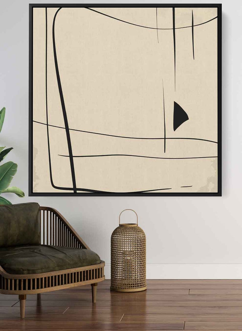 Square Canvas Wall Art Stretched Over Wooden Frame with Black Floating Frame and Scandinavian Abstract Brown Painting