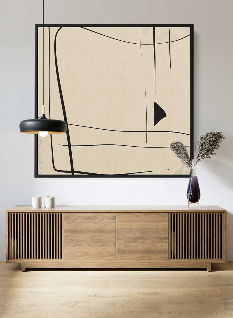 Square Canvas Wall Art Stretched Over Wooden Frame with Black Floating Frame and Scandinavian Abstract Brown Painting