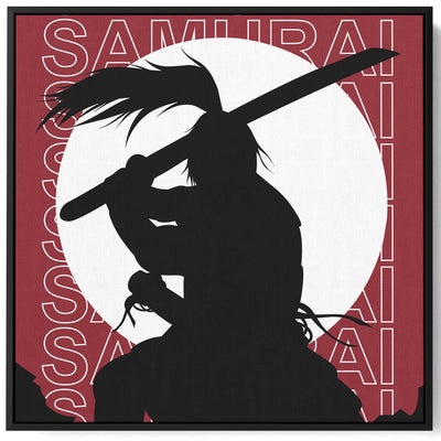 Square Canvas Wall Art Stretched Over Wooden Frame with Black Floating Frame and Samurai Silhoutte Painting