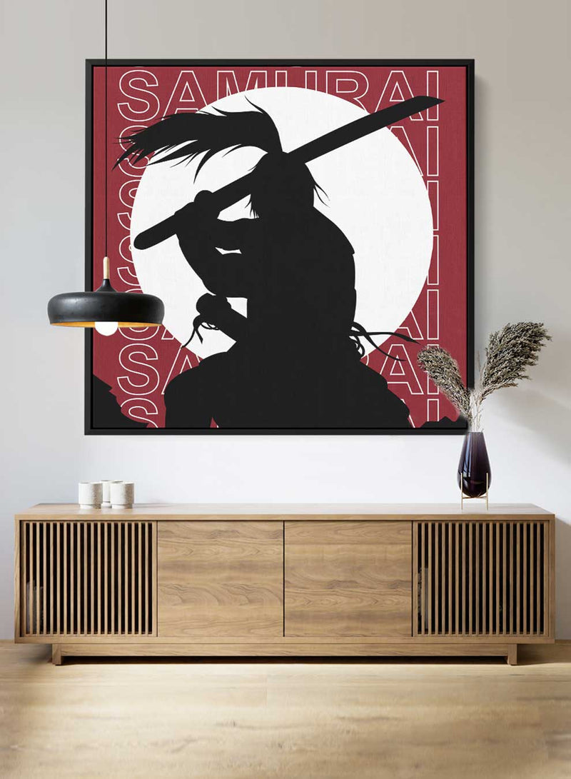 Square Canvas Wall Art Stretched Over Wooden Frame with Black Floating Frame and Samurai Silhoutte Painting