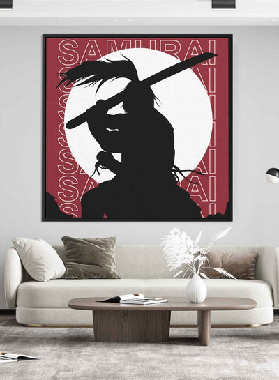 Square Canvas Wall Art Stretched Over Wooden Frame with Black Floating Frame and Samurai Silhoutte Painting