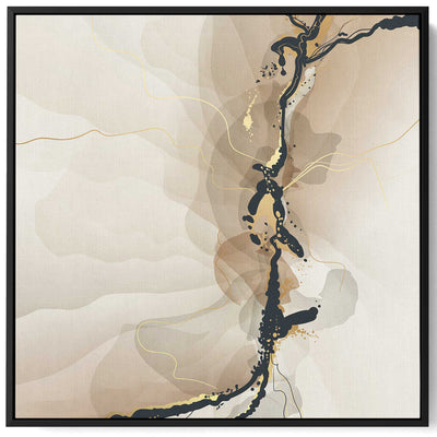 Square Canvas Wall Art Stretched Over Wooden Frame with Black Floating Frame and Brown Abstract Painting