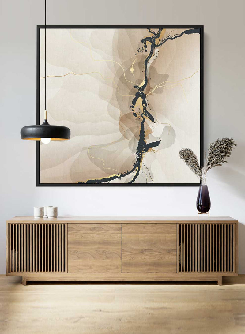 Square Canvas Wall Art Stretched Over Wooden Frame with Black Floating Frame and Brown Abstract Painting