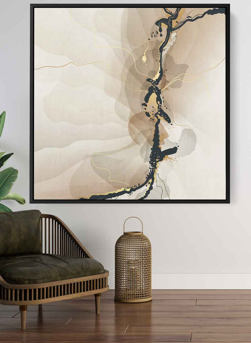 Square Canvas Wall Art Stretched Over Wooden Frame with Black Floating Frame and Brown Abstract Painting