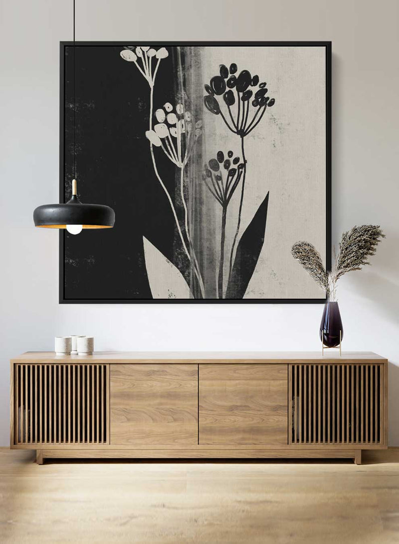 Square Canvas Wall Art Stretched Over Wooden Frame with Black Floating Frame and Wild Plants Painting