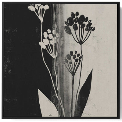 Square Canvas Wall Art Stretched Over Wooden Frame with Black Floating Frame and Wild Plants Painting