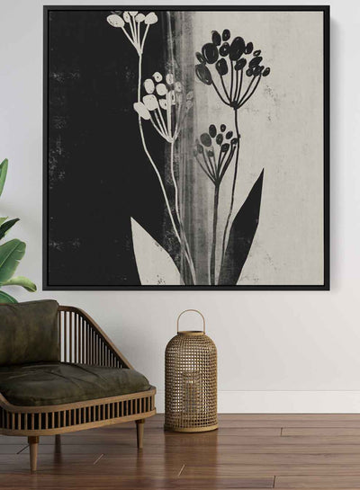 Square Canvas Wall Art Stretched Over Wooden Frame with Black Floating Frame and Wild Plants Painting