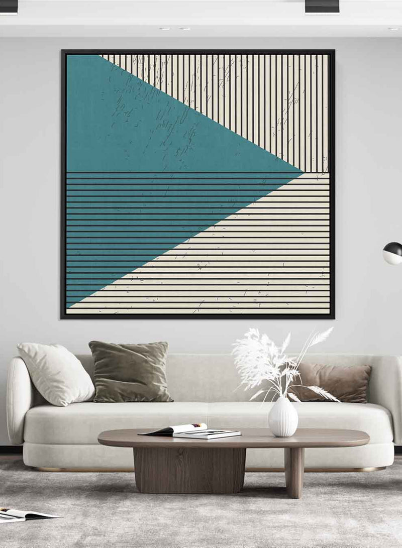 Square Canvas Wall Art Stretched Over Wooden Frame with Black Floating Frame and Triangle With Lines Painting