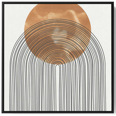 Square Canvas Wall Art Stretched Over Wooden Frame with Black Floating Frame and Sun With Curves Abstract Painting