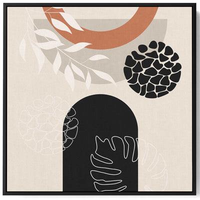 Square Canvas Wall Art Stretched Over Wooden Frame with Black Floating Frame and Leaves Abstract Art