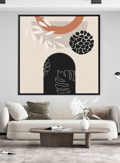 Square Canvas Wall Art Stretched Over Wooden Frame with Black Floating Frame and Leaves Abstract Art