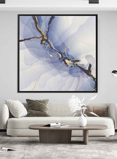 Square Canvas Wall Art Stretched Over Wooden Frame with Black Floating Frame and Blue Abstract Painting
