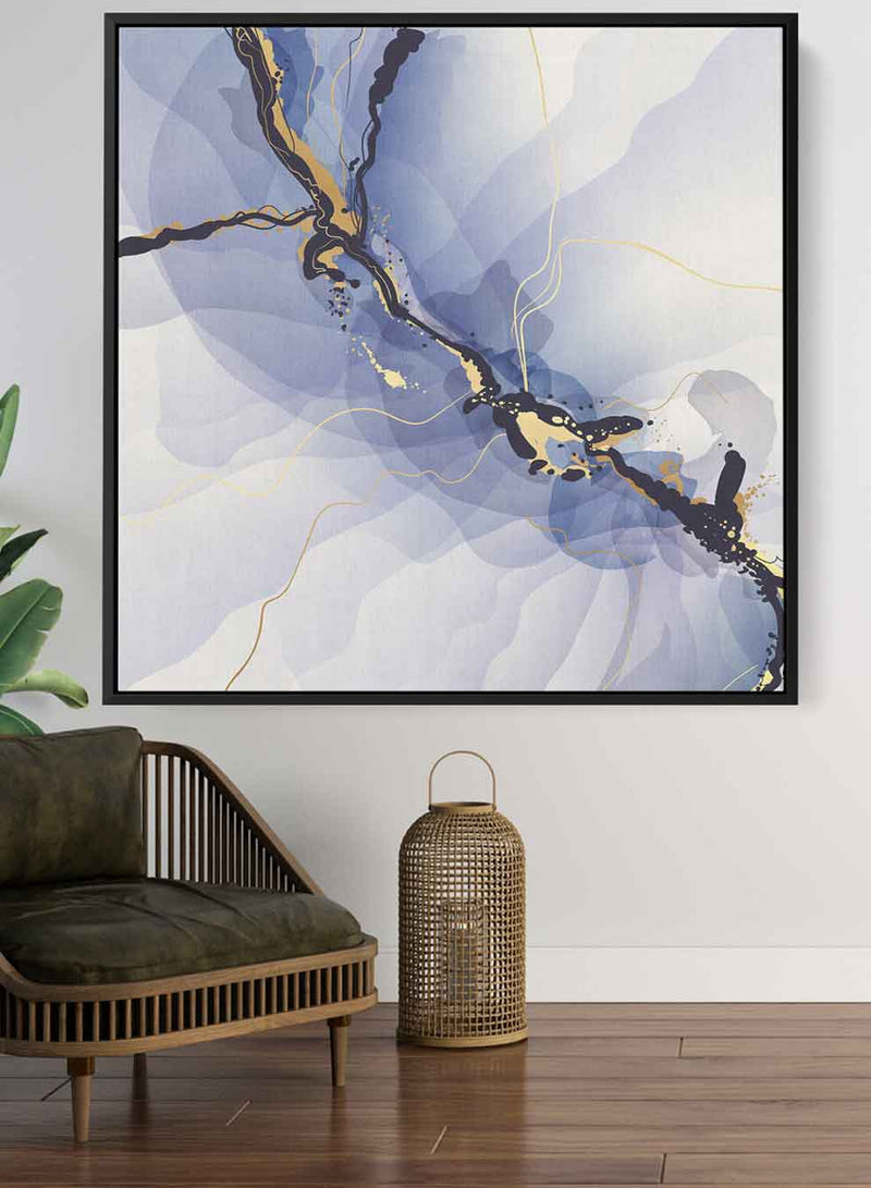 Square Canvas Wall Art Stretched Over Wooden Frame with Black Floating Frame and Blue Abstract Painting