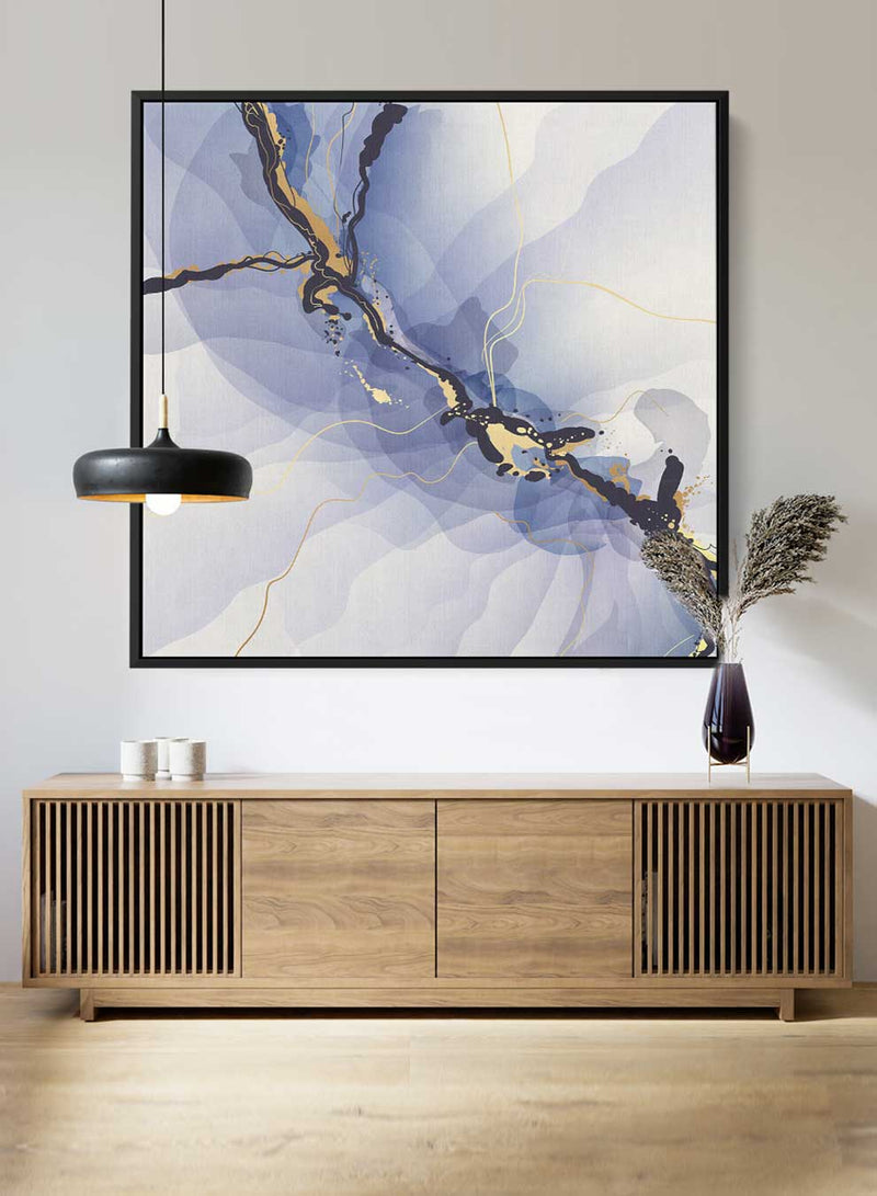 Square Canvas Wall Art Stretched Over Wooden Frame with Black Floating Frame and Blue Abstract Painting