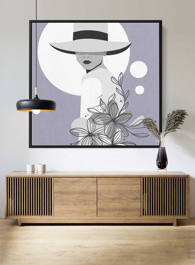 Square Canvas Wall Art Stretched Over Wooden Frame with Black Floating Frame and Elegant Lady Portrait