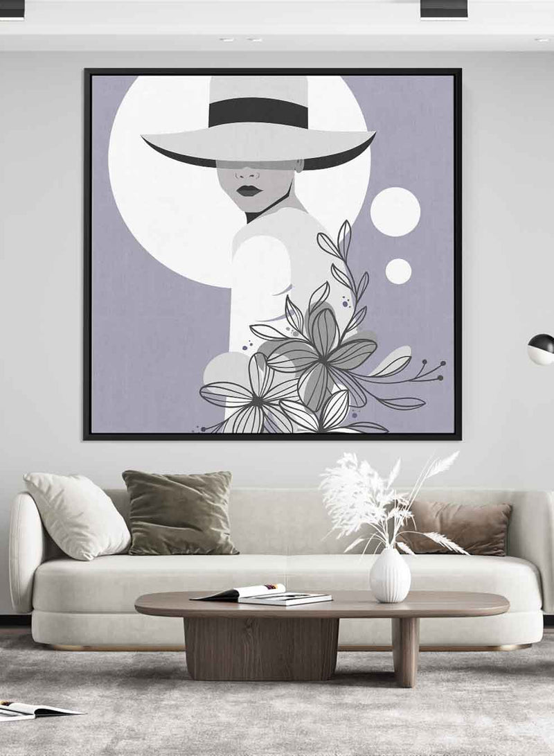 Square Canvas Wall Art Stretched Over Wooden Frame with Black Floating Frame and Elegant Lady Portrait