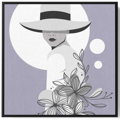 Square Canvas Wall Art Stretched Over Wooden Frame with Black Floating Frame and Elegant Lady Portrait