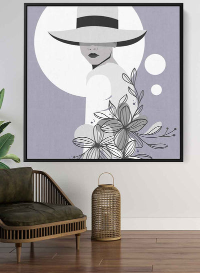 Square Canvas Wall Art Stretched Over Wooden Frame with Black Floating Frame and Elegant Lady Portrait