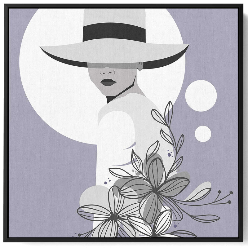 Square Canvas Wall Art Stretched Over Wooden Frame with Black Floating Frame and Elegant Lady Portrait