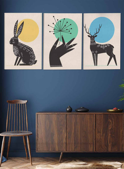 Deer And Hare And Hand Abstract Paintings(set of 3)