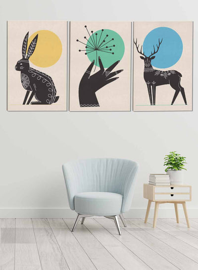 Deer And Hare And Hand Abstract Paintings(set of 3)