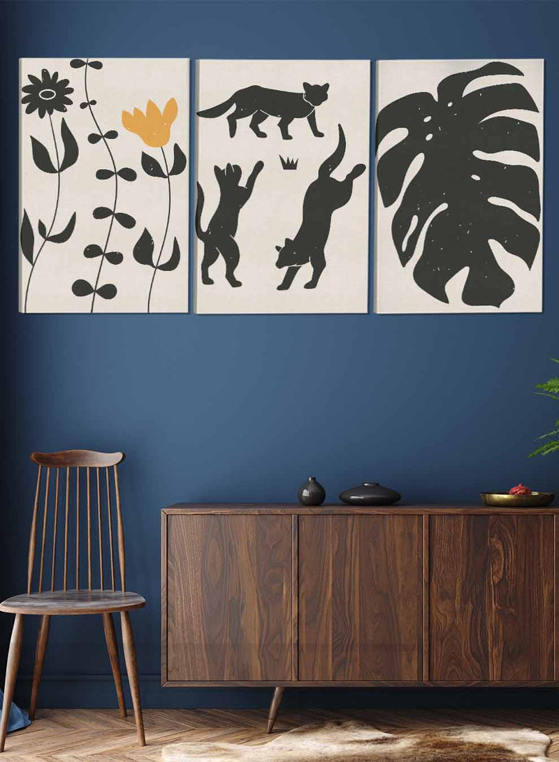 Cats Leaves Flower Abstract Paintings(set of 3)
