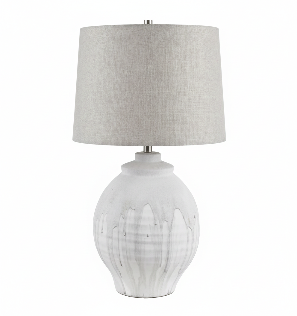 Adams Coastal Table Lamp  30.5''Ht.,Ceramic  Plaster with Sandstone Drops Finish  16 x 18 x 12 Grey Textured Linen Tapered Drum Shade