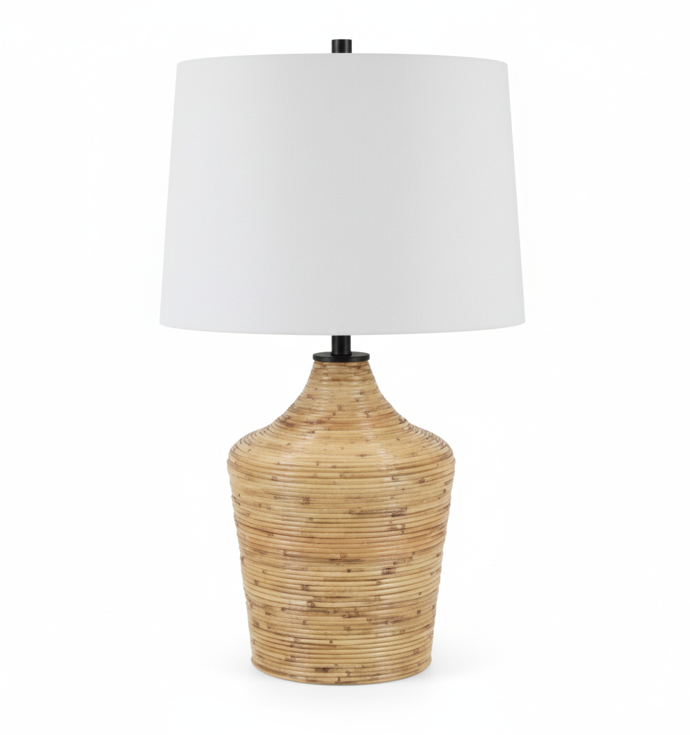 Crosby Jug Table Lamp  28''Ht.,Rattan  Natural Cane Finish  16 x 18 x 11.5 White Linen Tapered Shade
