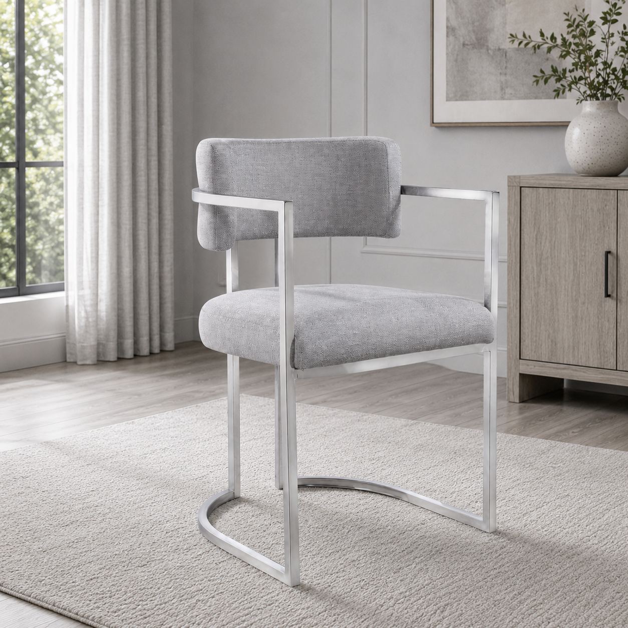 ALEXA GREY LINEN DINING CHAIR - SILVER LEGS