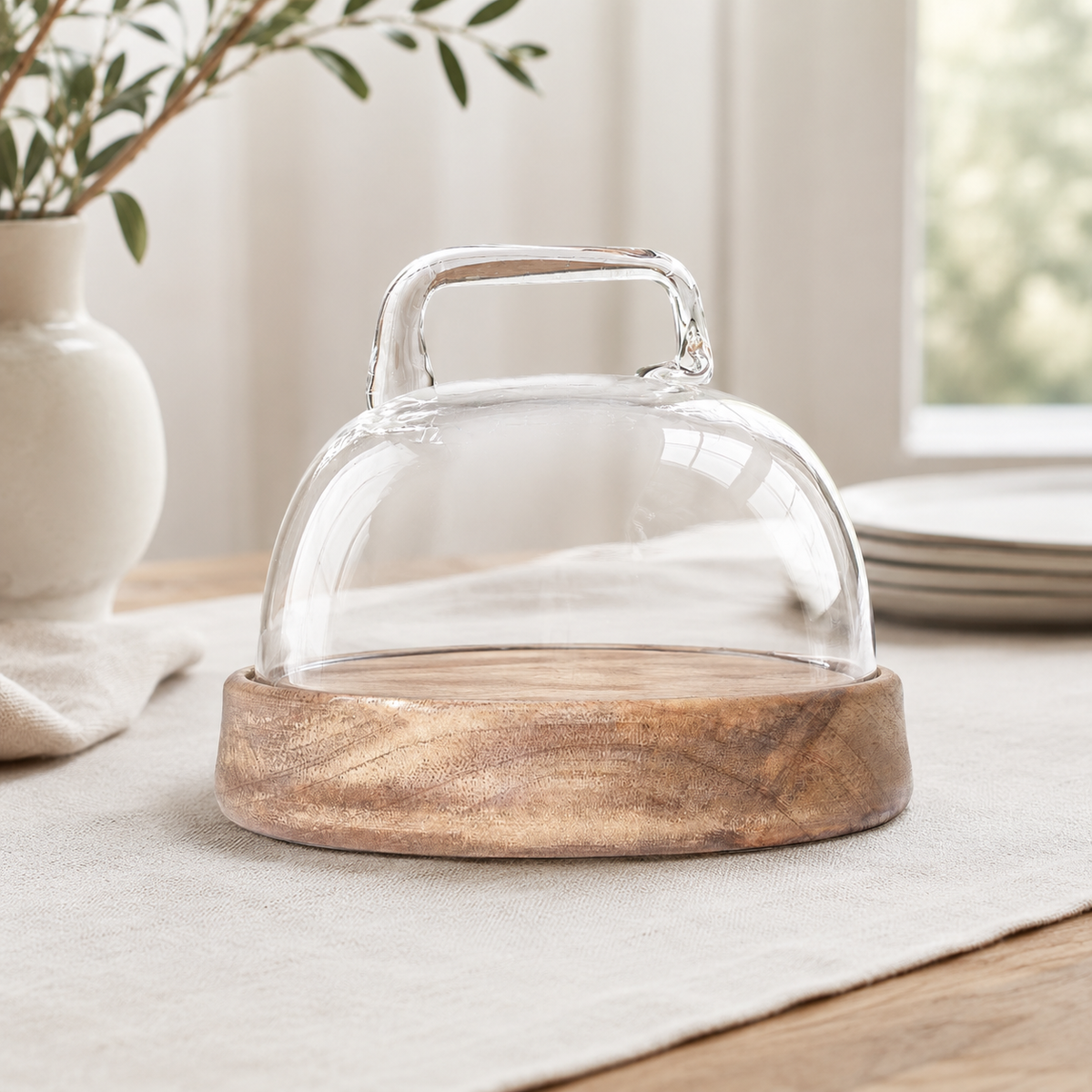 Dome Glass Cloche With Wooden Base- Small