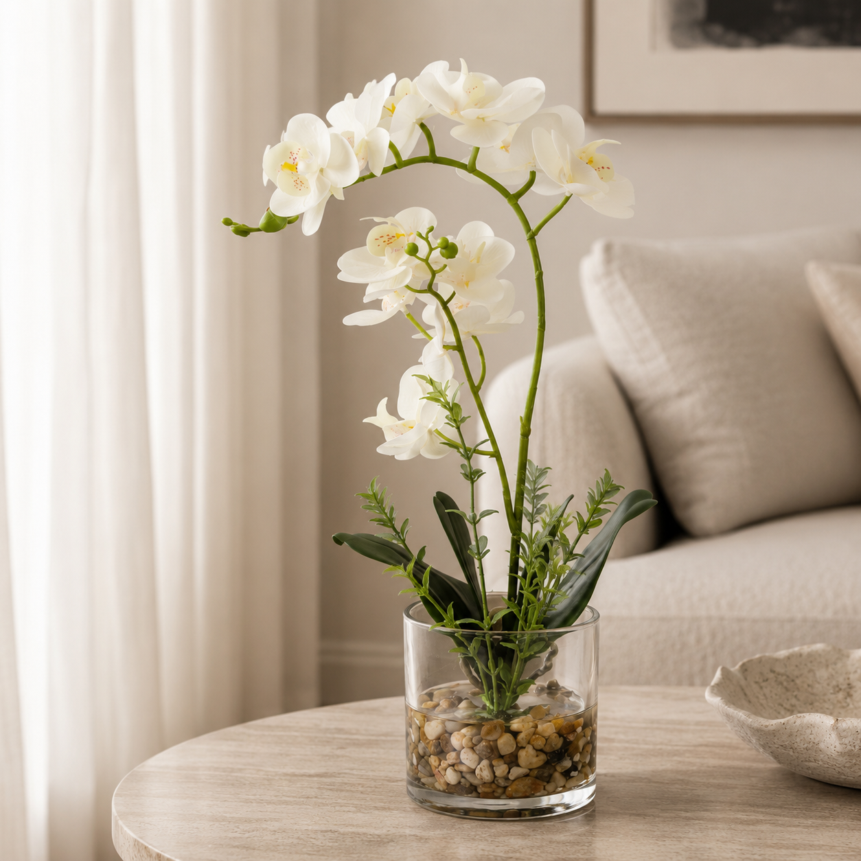 Artificial Potted Orchids 47CM Indoor White Flower with Grass Pot