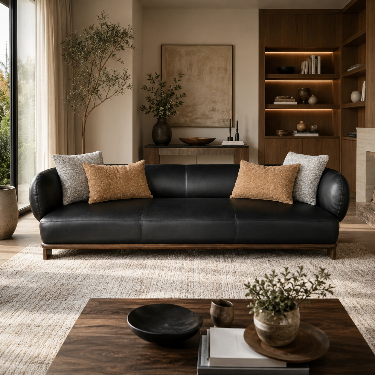 Leaner Black Leather 4 Seater Sofa W258