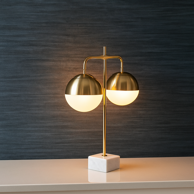 METAL 25" TWIN LIGHT TABLE LAMP ON MARBLE BASE, AN