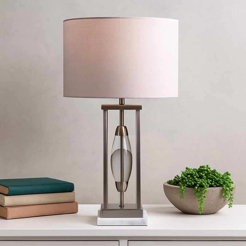 METAL TABLE LAMP W/ A CLEAR OVAL CENTER 28.5", GRA
