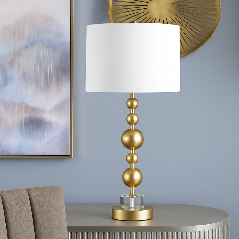 34" HT TABLE LAMP. 14"X14"X11" SHADE;Gold Foil finish with c