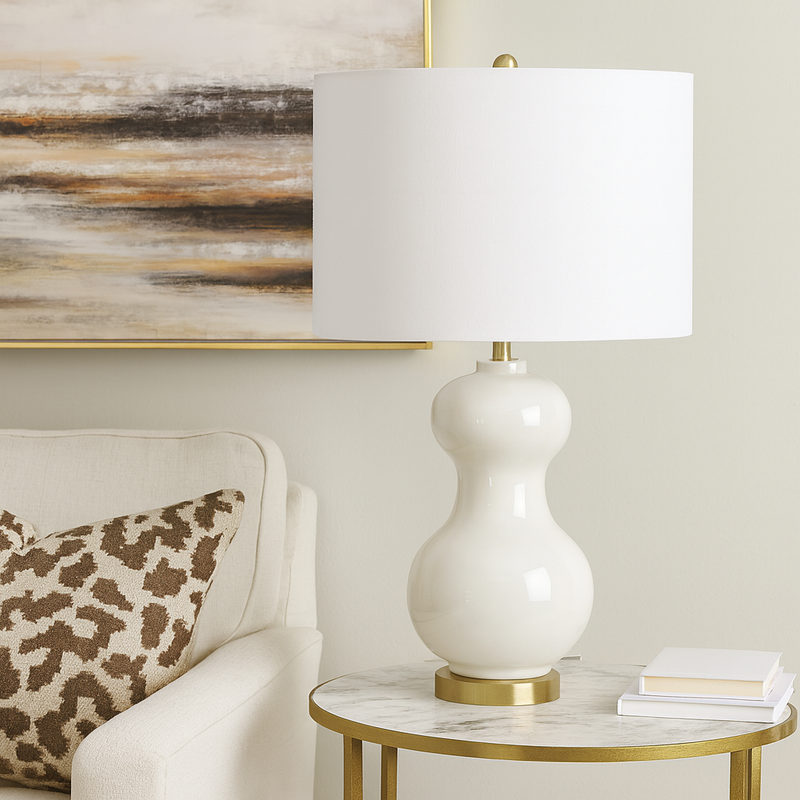 CERAMIC 30" DOUBLE BALL TABLELAMP, IVORY