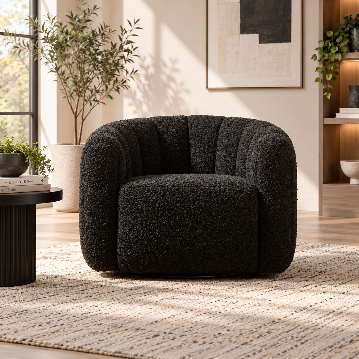 Royal | Modern Chair - Bouclé Fabric with Green Foam and Swedish Wood - Black - 85x80x85cm