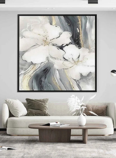 Square Canvas Wall Art Stretched Over Wooden Frame with Gold Floating Frame and Flower Oil Painting