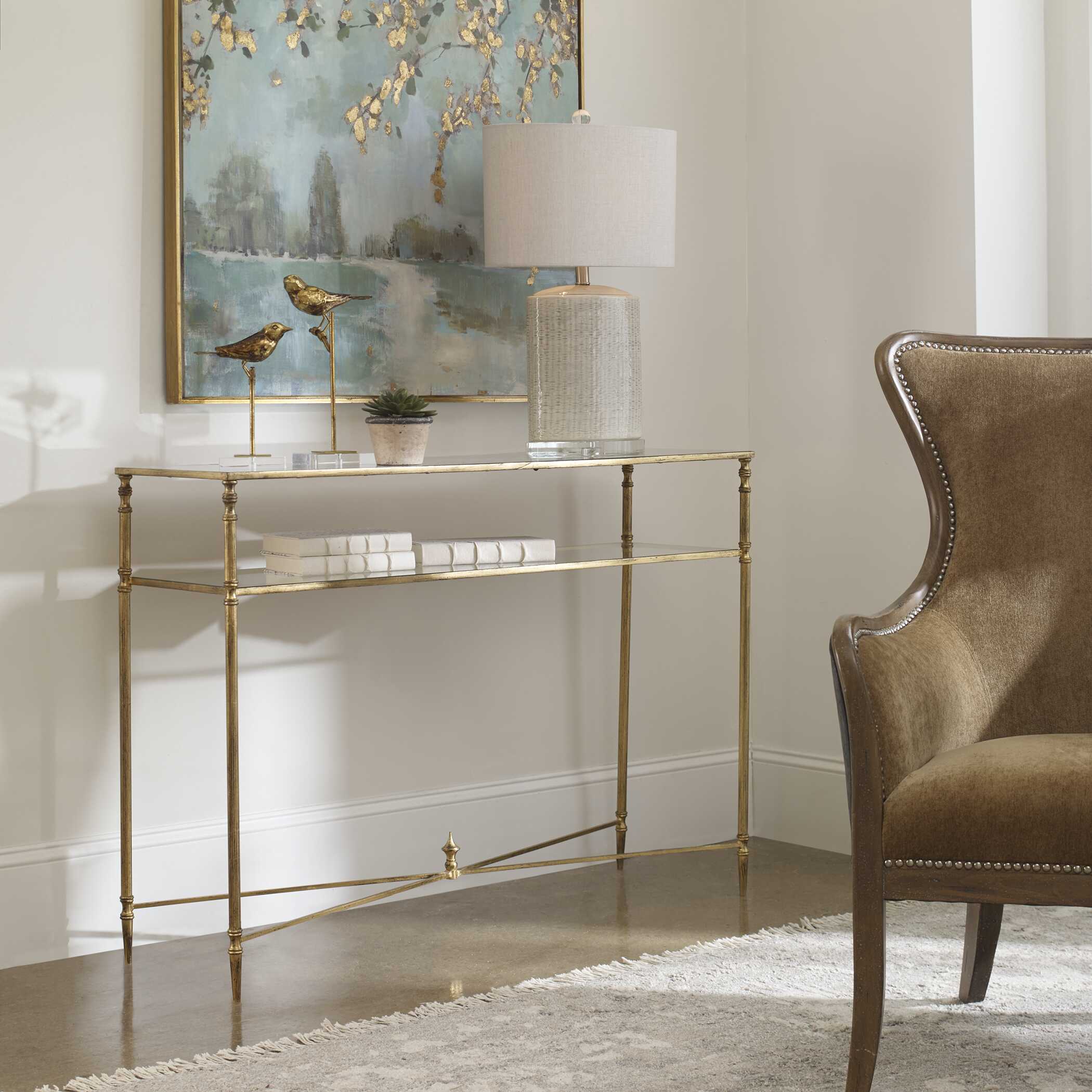 Henzler 114 W x 83 H x 35 D Gold Rectangle Console Table with Mirror Top
