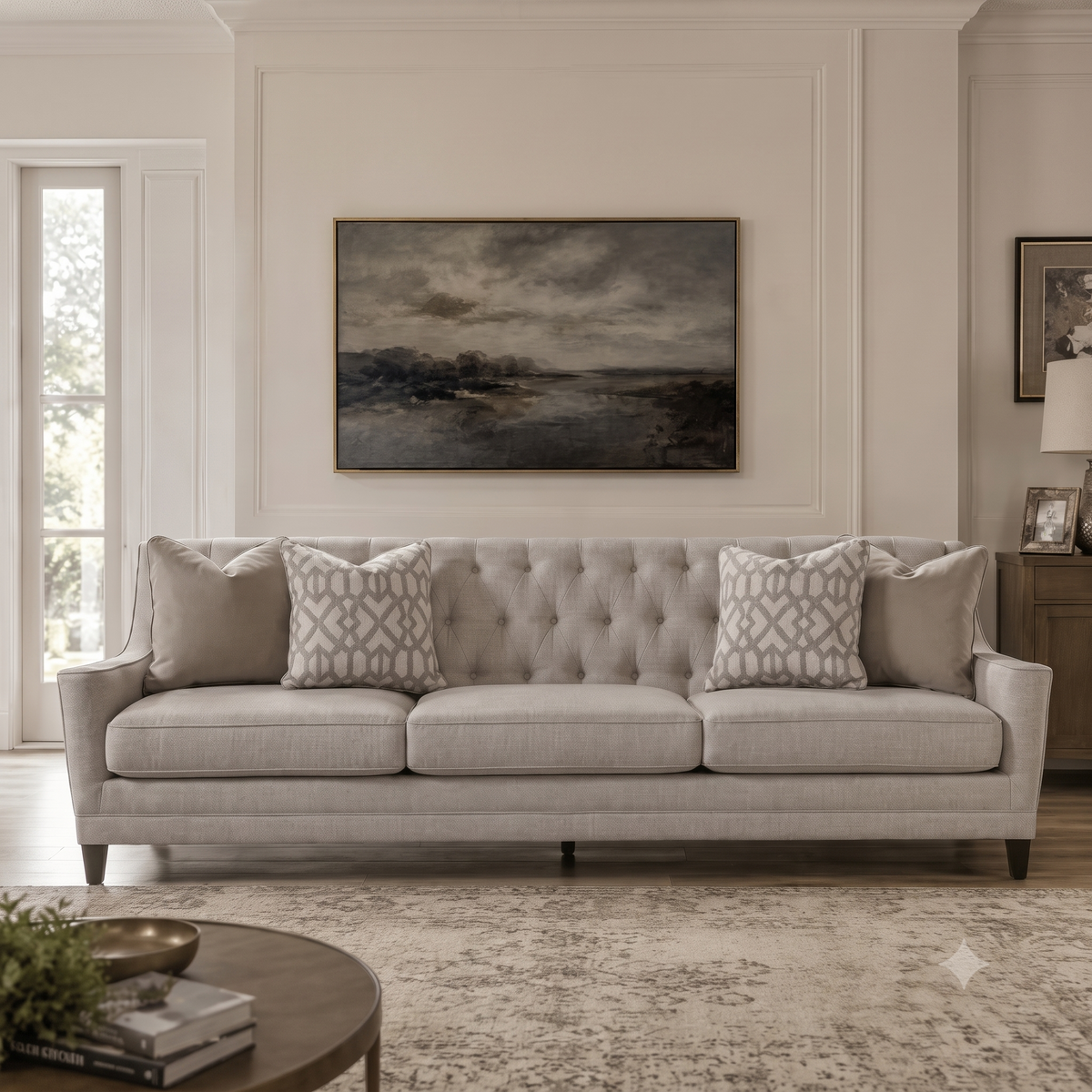 A light beige upholstered 4-seat sofa with button tufting, styled in a classic living room with three patterned throw pillows and a large landscape painting on the wall behind it.