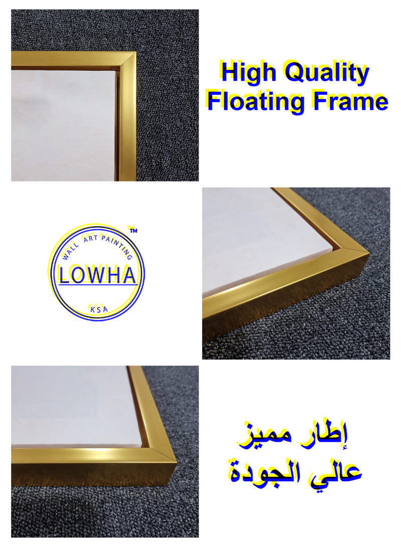 Square Canvas Wall Art Stretched Over Wooden Frame with Gold Floating Frame and Oil Painting