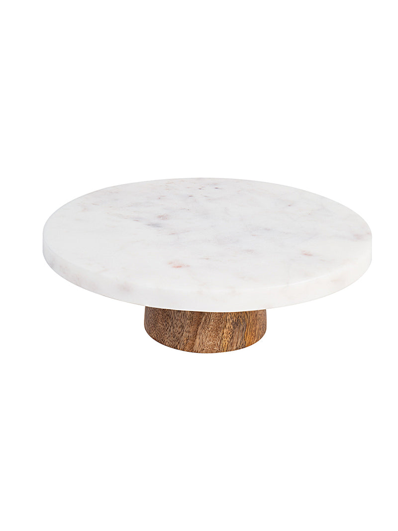 Round Block Marble Cake Stand with Wooden Base