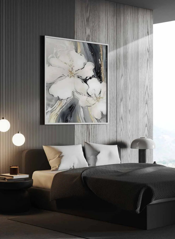 Square Canvas Wall Art Stretched Over Wooden Frame with Gold Floating Frame and Flower Oil Painting