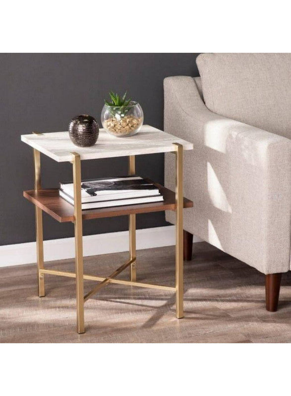 Royal | CedarCircle Side Table with Wooden Marble Top & Steel Base - Multi-Color - 40×40×55 cm