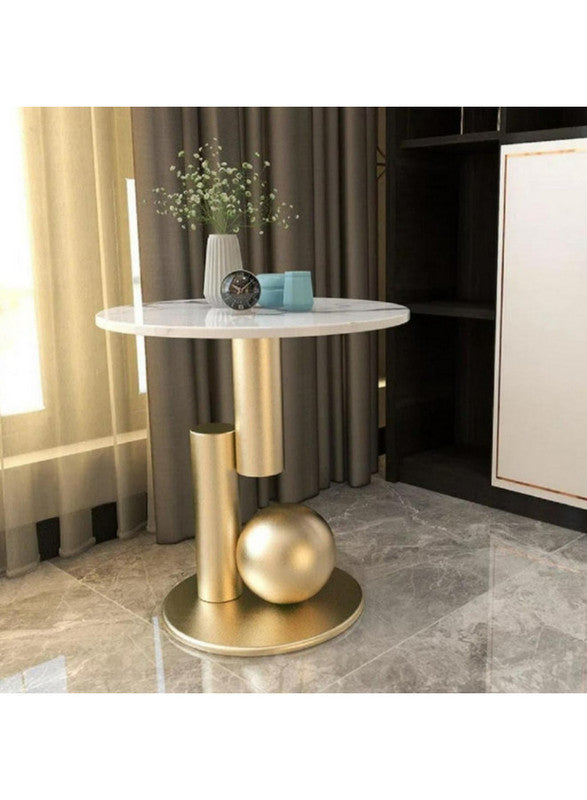 Royal | PinePulse Wooden Side Table in Gold & White Marble Wood - 50×60 cm