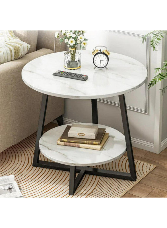 Royal | CedarSway Side Table in Iron & Marble Wood - White & Black - 45x55 cm