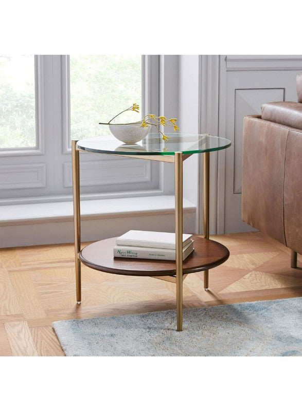 Royal | OakOrb Side Table in Glass, MDF & Steel - Brown & Gold - 45x60 cm